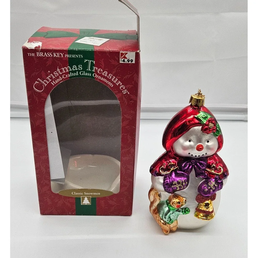 Brass Key Christmas Treasures Glass Snowman Ornament Red Cape Squirrel Bell Box